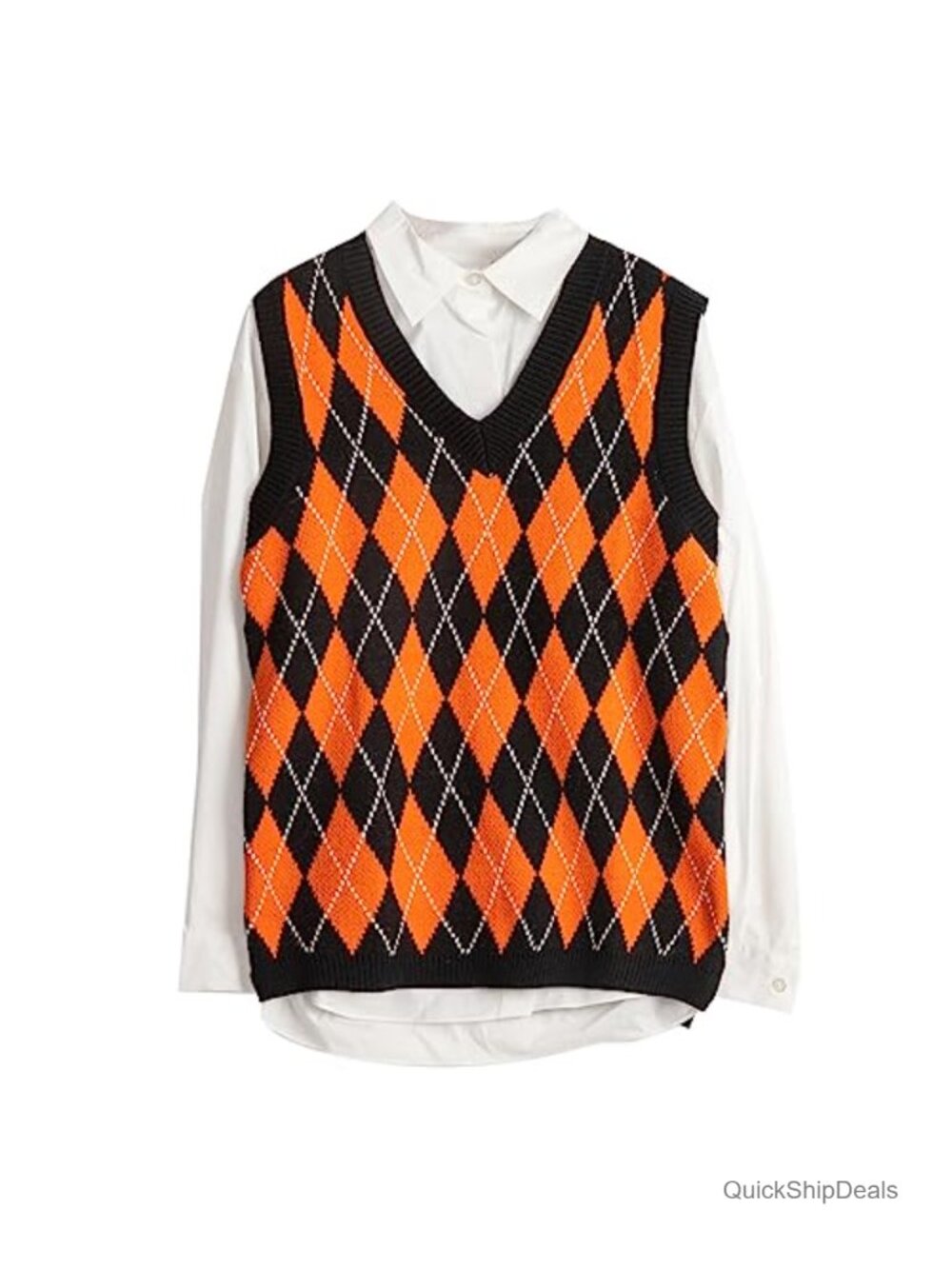 Sleeveless V Neck Argyle Plaid Sweater Vest Long Loose Knitted Preppy Casual